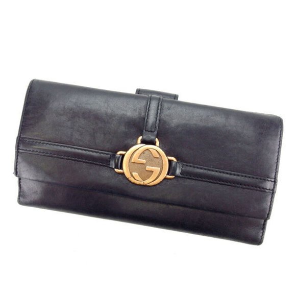 Auth Gucci Wallet Purse Long Wallet G logos Black Gold Woman - Picture 1 of 6
